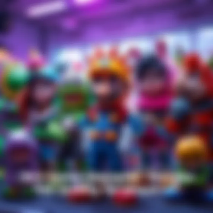 A variety of quirky, colorful video game characters showcasing unique designs and costumes in an appealing setting