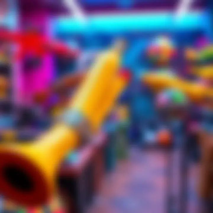 A variety of unusual weapons like a banana gun and a disco ball cannon displayed in a vibrant gaming environment