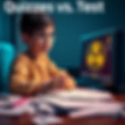 A student taking a quiz with a pencil, surrounded by question papers and a computer showing a game with a trinity key