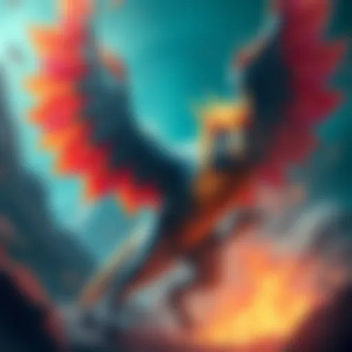 A colorful depiction of Qurupeco, a bird-like monster with vibrant feathers, in a dramatic pose within a fantasy setting.