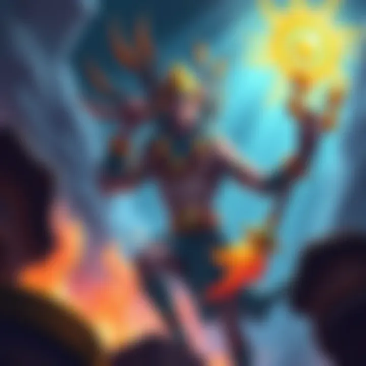 An illustration of Ra, the sun god, in a vibrant gaming setting, showcasing his supportive abilities and mid-role strategies.