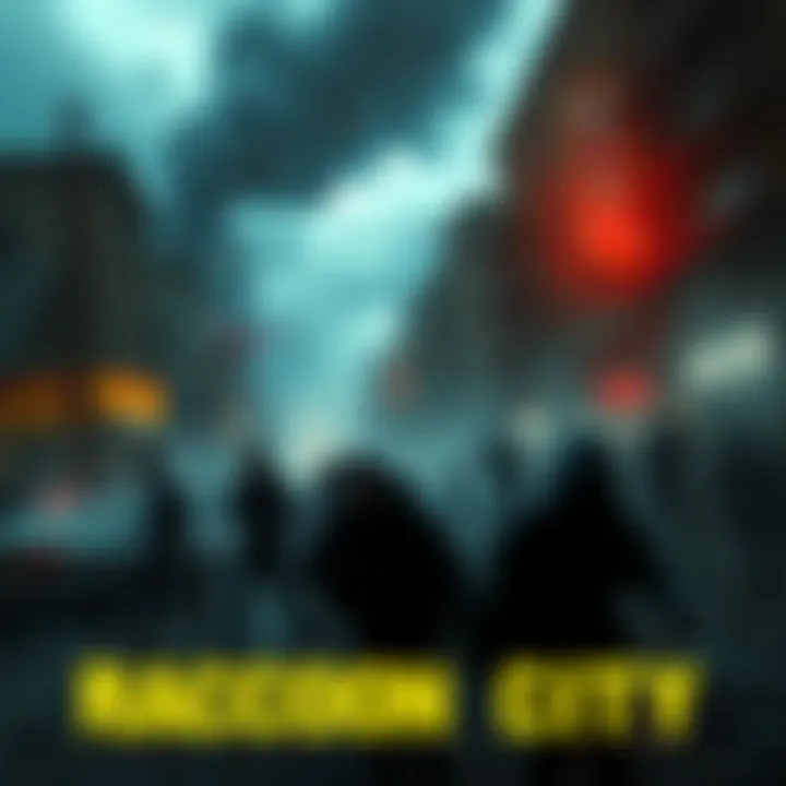 A scene showing the destruction in Raccoon City with people struggling and criminals taking advantage of the chaos.