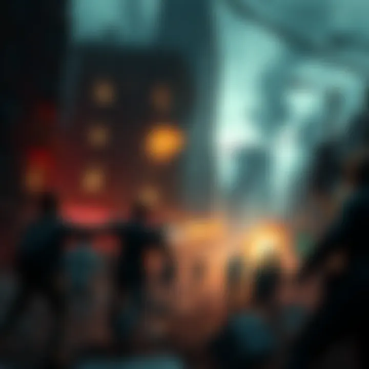 A scene from Resident Evil Requiem showing a destroyed Raccoon City with intense action and characters fighting against zombies.