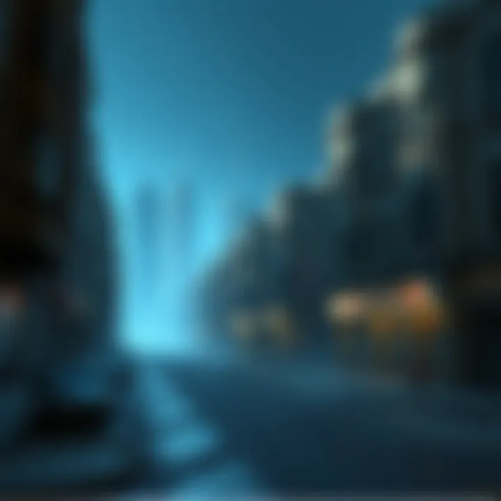 A deserted street scene in Raccoon City with abandoned buildings and no raccoons in sight