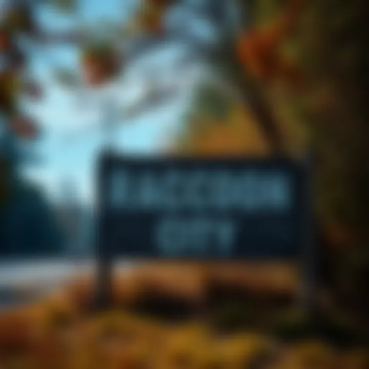 A weathered sign for Raccoon City in Indiana surrounded by trees and grass.