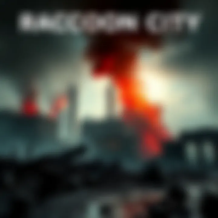 Destruction scene of Raccoon City with smoke and debris, hinting at a connection to Leon Kennedy's story