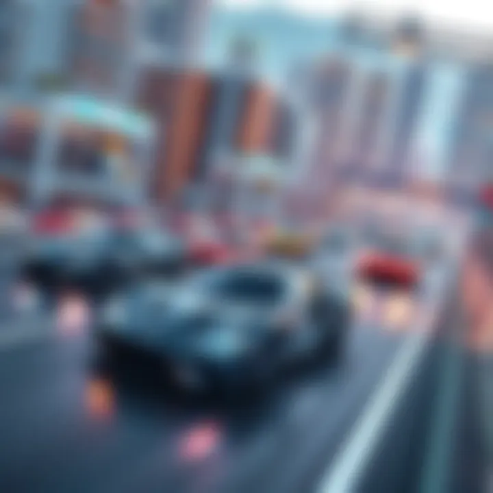 A variety of street racing cars competing on a virtual racetrack with a city backdrop