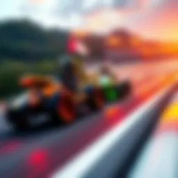 Two racers, jayemgeezzz and Chockashocka, competing on a vibrant racetrack at Legend Island with blurred scenery showing their speed.