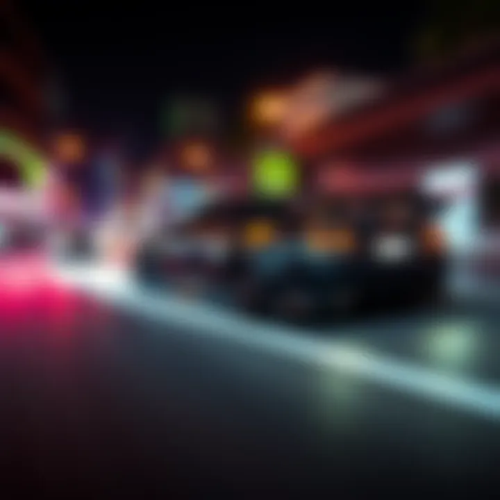 A sleek street racing car speeding through neon-lit streets at night, representing the excitement of Need For Speed Underground 2