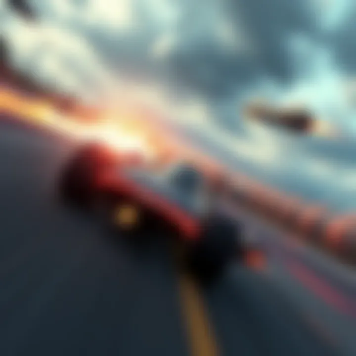 A thrilling scene of a race car soaring through the air while dodging a heat-seeking missile during a high-speed chase.