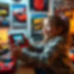 A joyful girl playing a racing game on a Nintendo Switch, surrounded by toy cars and racing posters, showcasing her love for cars and racing games.
