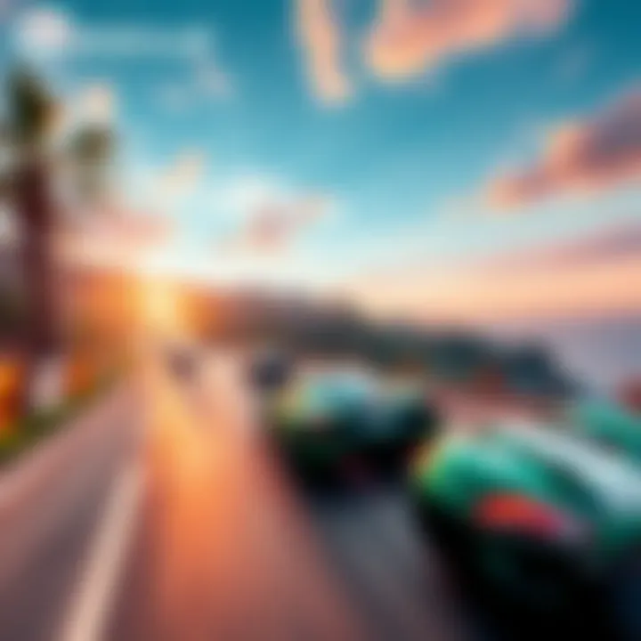 A colorful scene of cars racing along the Mediterranean coast and Japanese roads