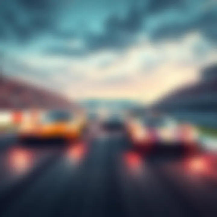 Racing cars on a vibrant track Multiple racing cars speeding on a colorful racetrack with cheering crowds