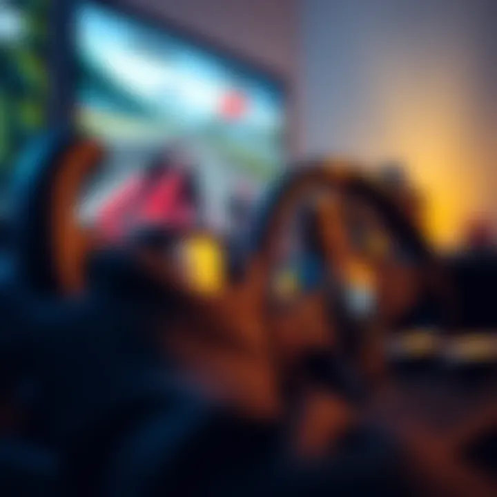 Close-up of a racing wheel setup with a computer screen displaying Automobilista 2 gameplay