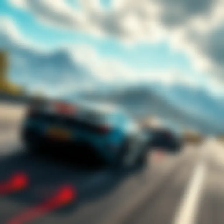 A vibrant racing game scene featuring cars speeding through diverse terrains like mountains, forests, and urban areas.