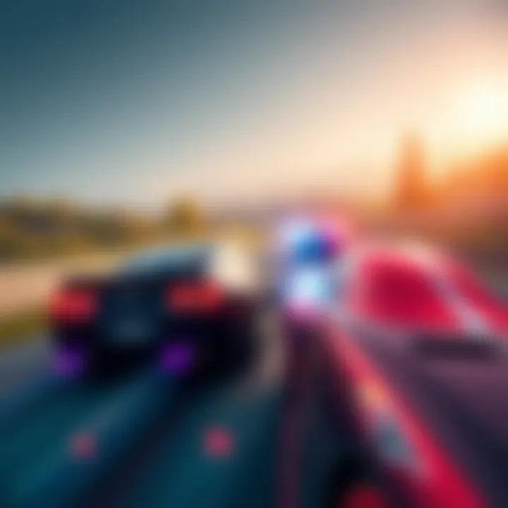 A high-speed racing scene showing cars on a winding track with realistic graphics