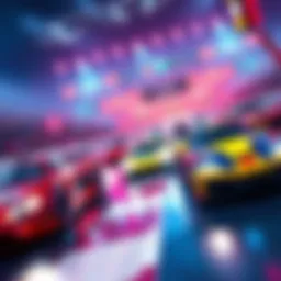 Cars racing on a colorful track with cheering crowds