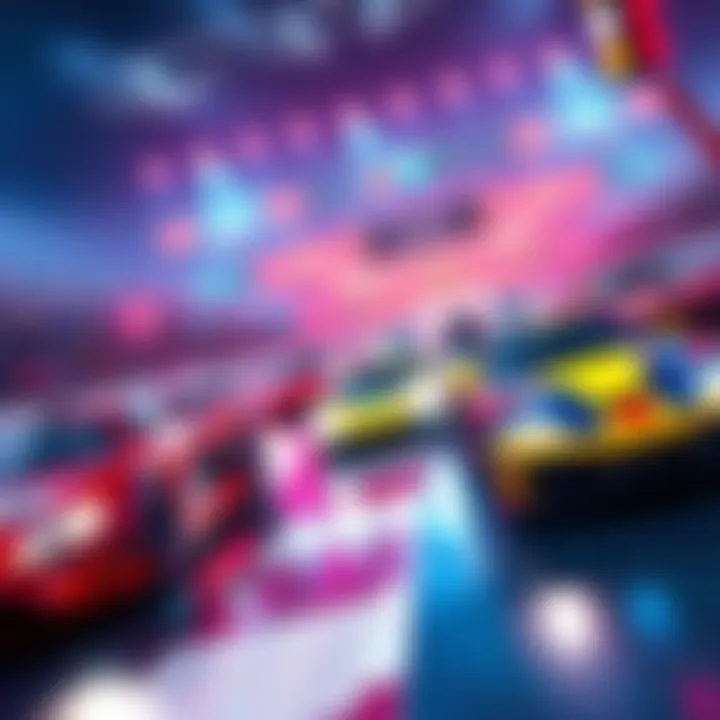 Exciting racing game scene Cars racing on a colorful track with cheering crowds