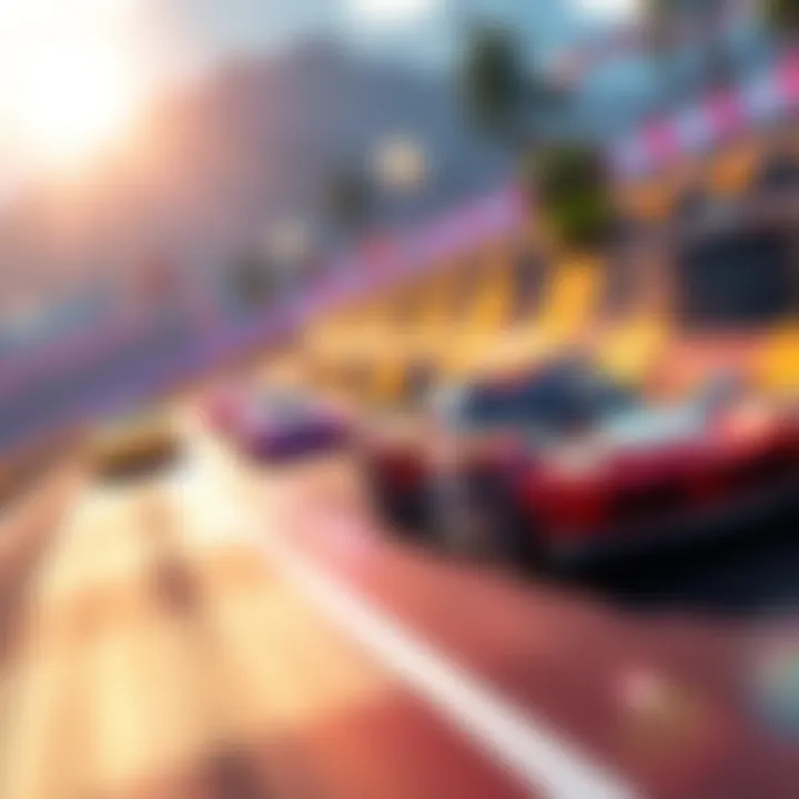 A thrilling racing scene featuring colorful cars on a vibrant track, showcasing the immersive story-driven gameplay of CLUTCH.