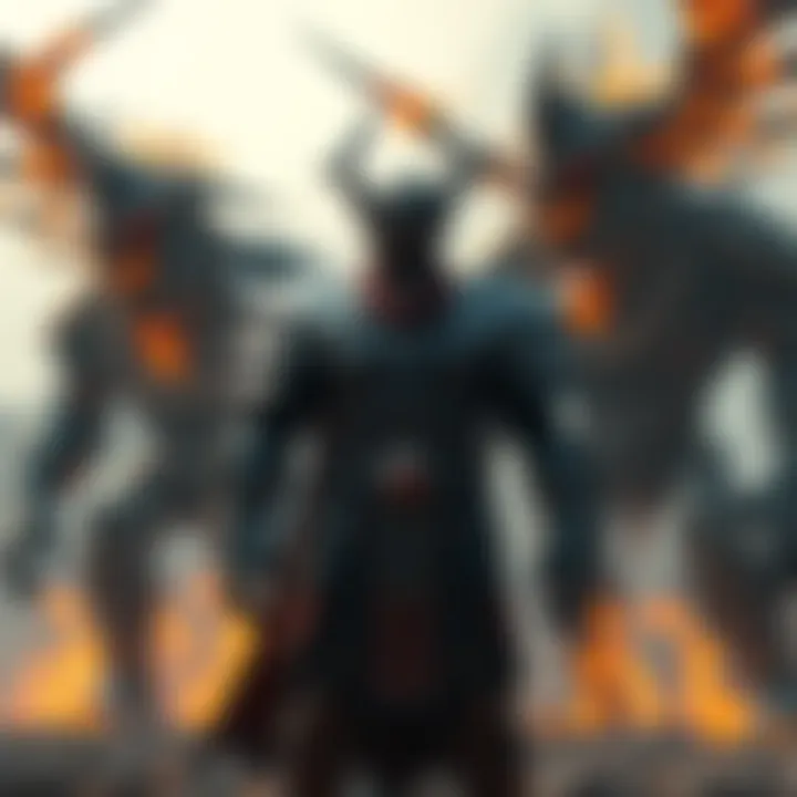 Radagon stands in front of the Fire Giants, showcasing his armor and stance, with flames in the background symbolizing his connection to them.