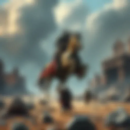 A player engaged in combat with Radahn, a giant warrior with a horse, surrounded by a battlefield filled with fragments and ruins.