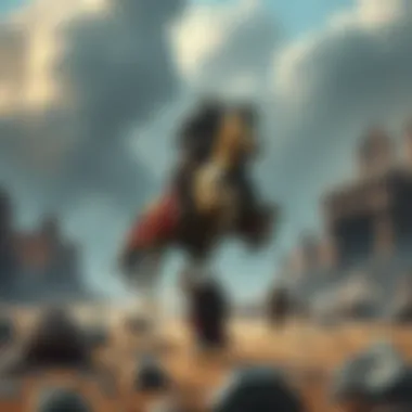Radahn Boss Battle Scene A player engaged in combat with Radahn, a giant warrior with a horse, surrounded by a battlefield filled with fragments and ruins.