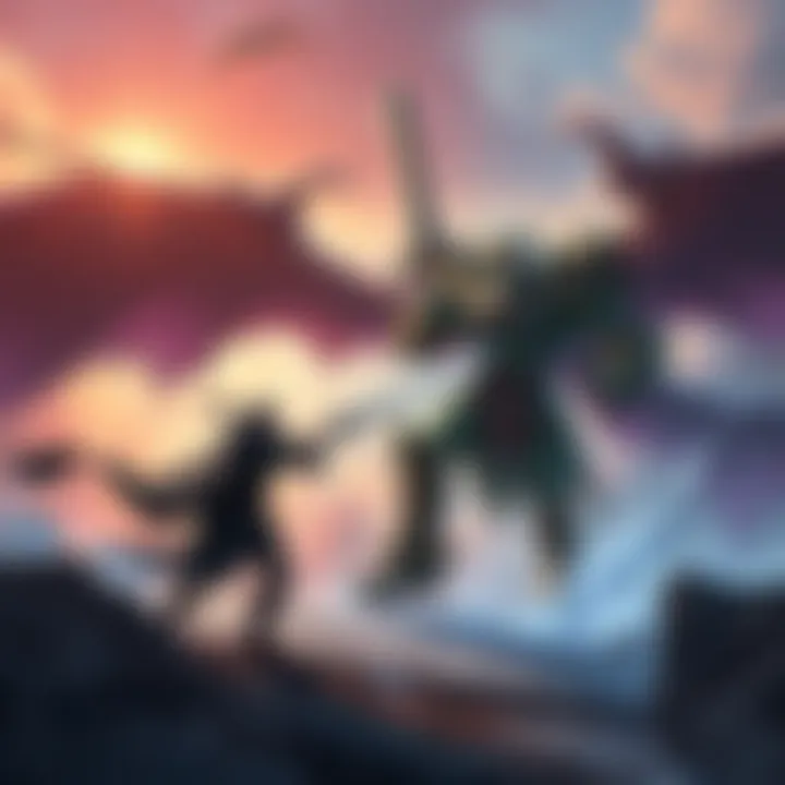 A fierce battle scene showing Radahn, a massive warrior with a flowing cape, wielding a giant sword, as a lone player character engages him in combat.