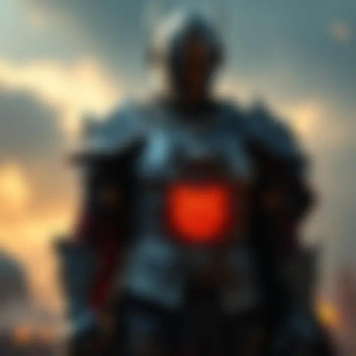 A bold figure in armor, standing in a dramatic pose, with 4K visuals showing contrasting details of his appearance, revealing signs of a hidden truth.