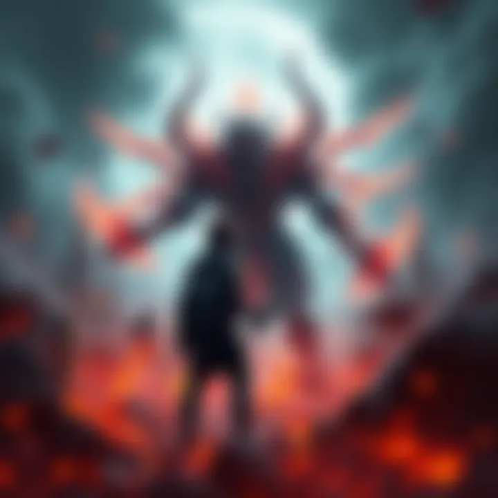 A gamer facing off against the character Radahn in a dramatic battle scene, surrounded by a mystical landscape