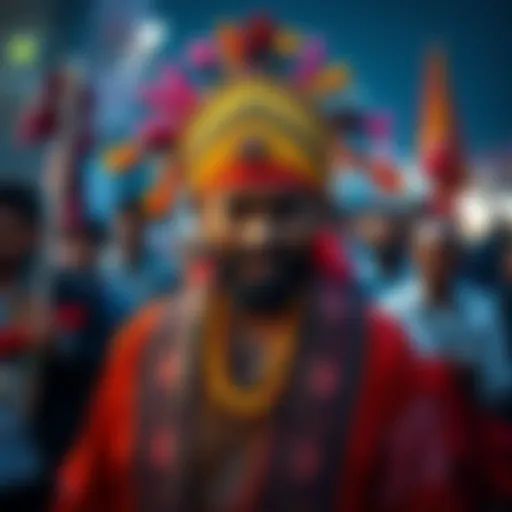 A man in colorful attire at the Radahn Festival, capturing attention among the crowd.