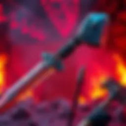 A close-up view of radiant weapons like the Pietas sword and Iron Warfarer Hammer in an Inferno setting, showcasing their glowing effects and battle-ready appearance.