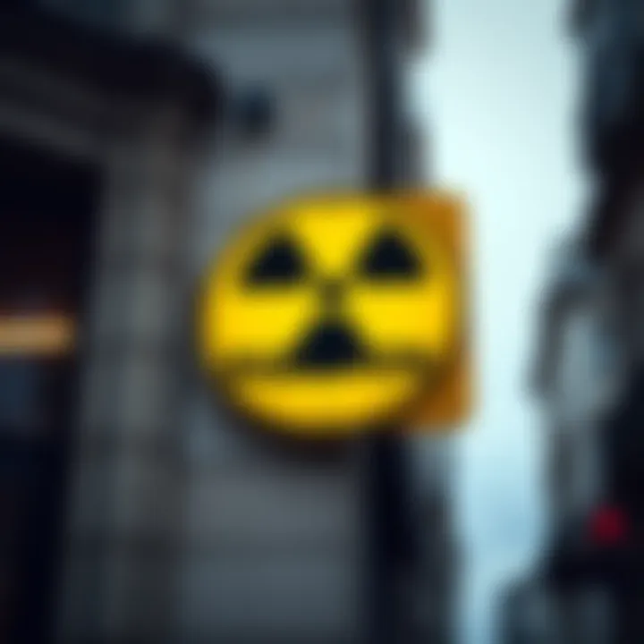 A radiation warning sign prominently displayed on the exterior of a Paris building, signaling the presence of hazardous materials inside.