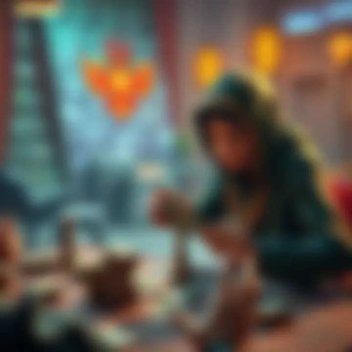 A person arranging cards for a Rafaam strategy deck in a colorful gaming environment