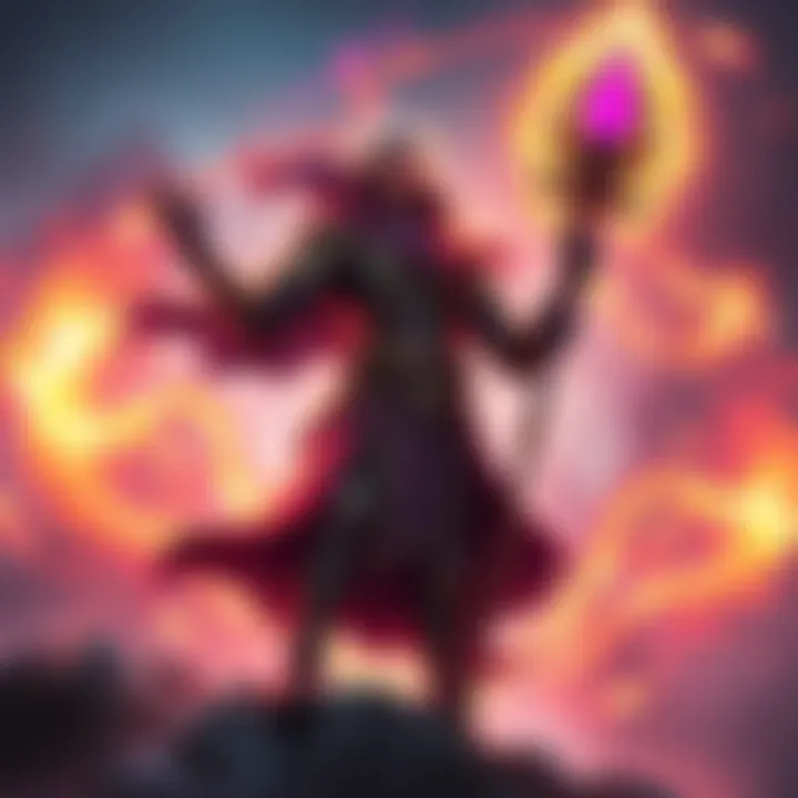 Rafaam stands confidently with a magical staff, surrounded by swirling timelines and energy, ready for battle in a vibrant world of conflict.