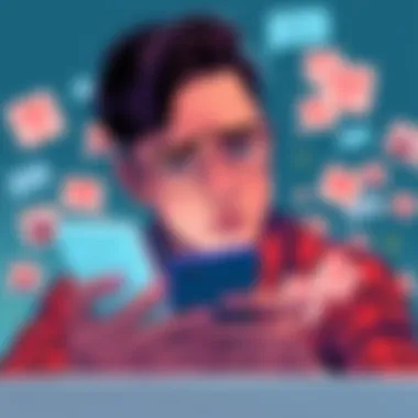 A person looking upset while scrolling through social media on their phone, surrounded by angry comments and posts.