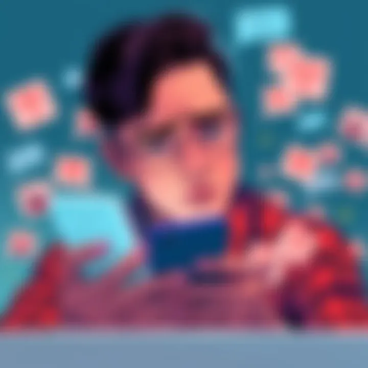 A person looking upset while scrolling through social media on their phone, surrounded by angry comments and posts.