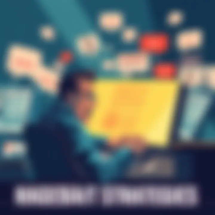 A person on a computer passionately typing, surrounded by attention-grabbing headlines and comment bubbles, representing online discussions.