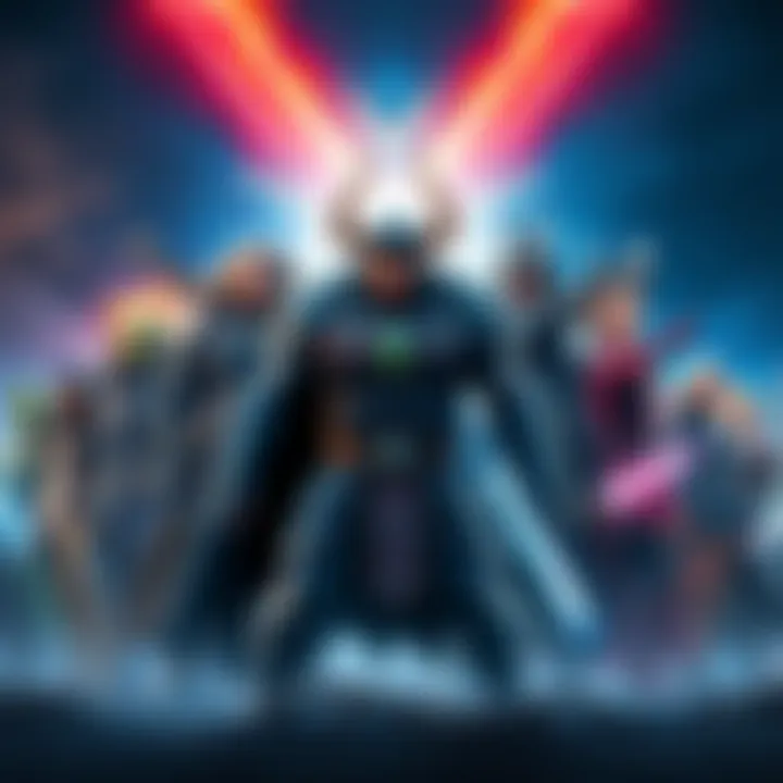 Ragnarok facing off against various characters Ragnarok stands ready for battle, surrounded by a diverse group of iconic characters from different narratives, highlighting the epic face-off idea.