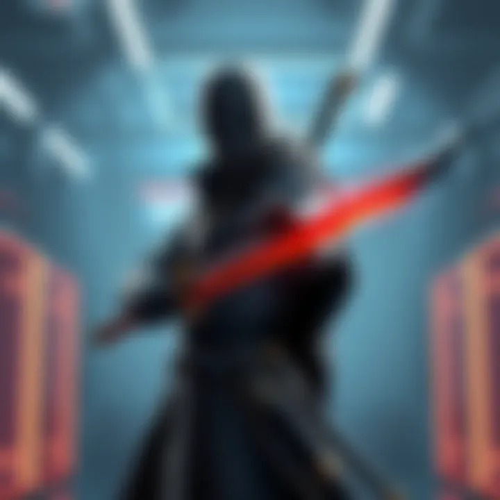 Raiden stands confidently holding a katana, showcasing his sword skills, with a digital training environment in the background.