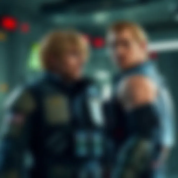Raiden looks confused while Pliskin, resembling Solid Snake, stands nearby with a serious expression. They are in a high-tech military setting, showcasing their character designs from MGS2.