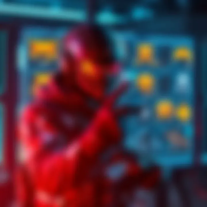 A gamer interacting with a digital screen displaying various Raider Augment Variants with glowing effects and features highlighted.