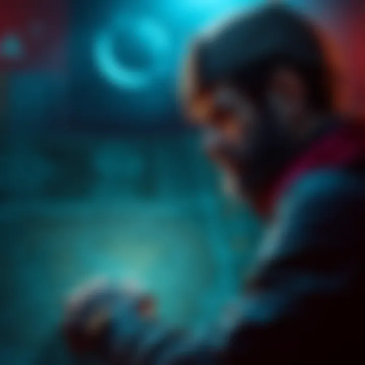 A seasoned raider looks thoughtfully at a digital map, surrounded by blueprints and skill tree options in a gaming environment