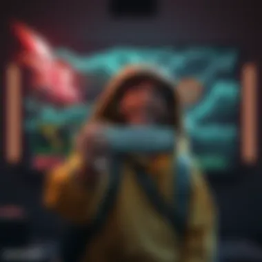 A joyful gamer holding a restored tempest item in front of a gaming screen, showcasing a message about cheating enforcement.