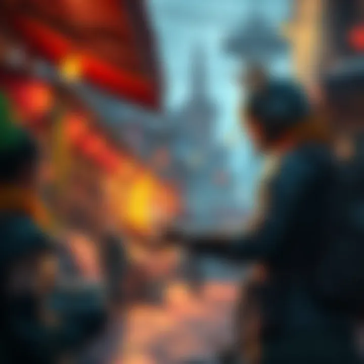 A raider getting revived by a vendor in Speranza, with a backdrop of vibrant market stalls and other characters