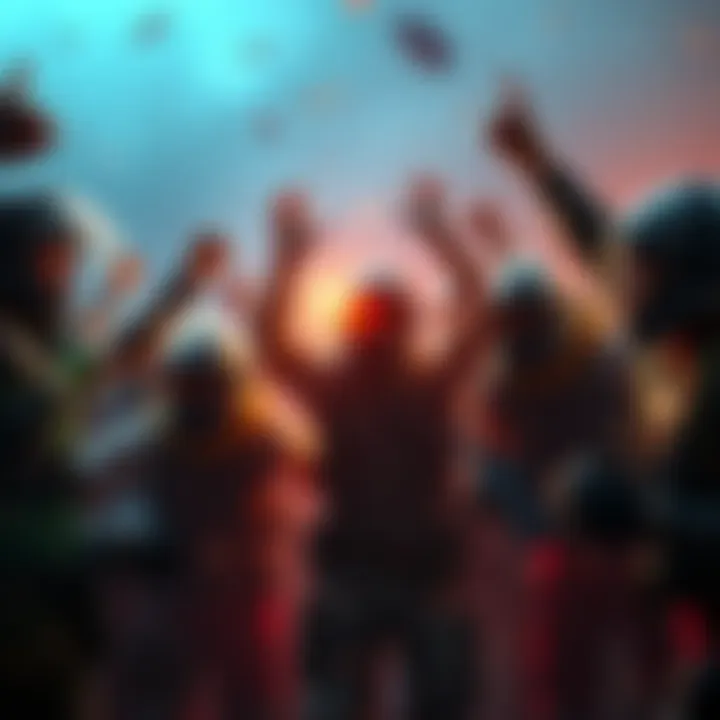 A group of gamers celebrating after a successful raid, showing teamwork and excitement, with game characters visible on screen.