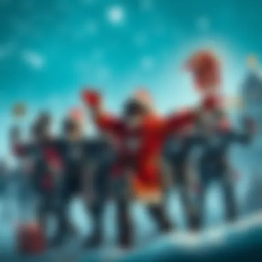 Raiders celebrating Christmas A group of cheerful raiders dressed in festive attire, adorned with holiday decorations, spreading joy in a wintery setting.