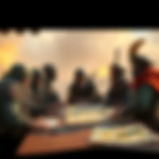 A group of raiders in a discussion about the usefulness of Field Depots, with some maps and notes on the table.