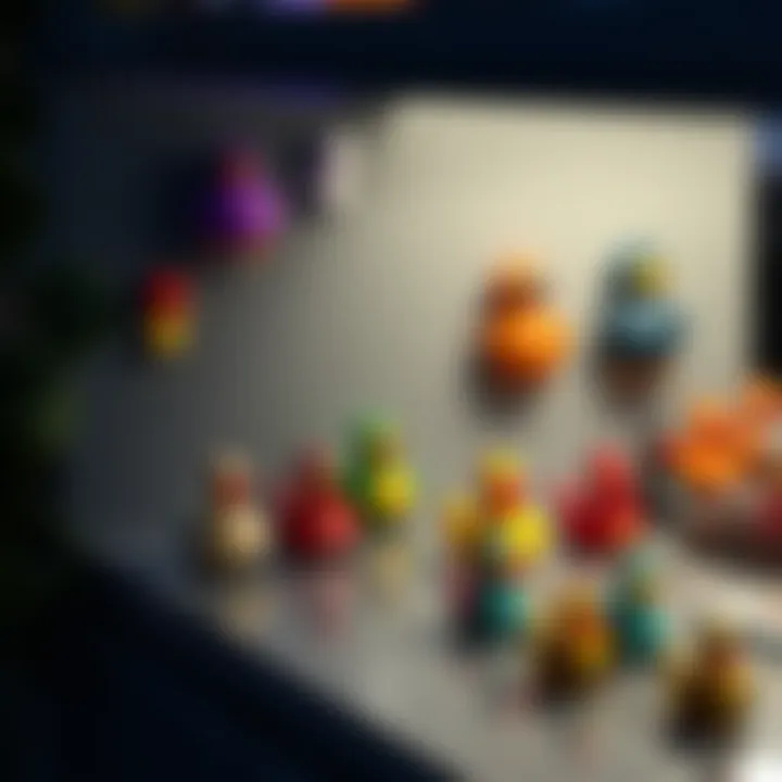 A display of 10 colorful duck trinkets on a shelf, showcasing personalization in gameplay.