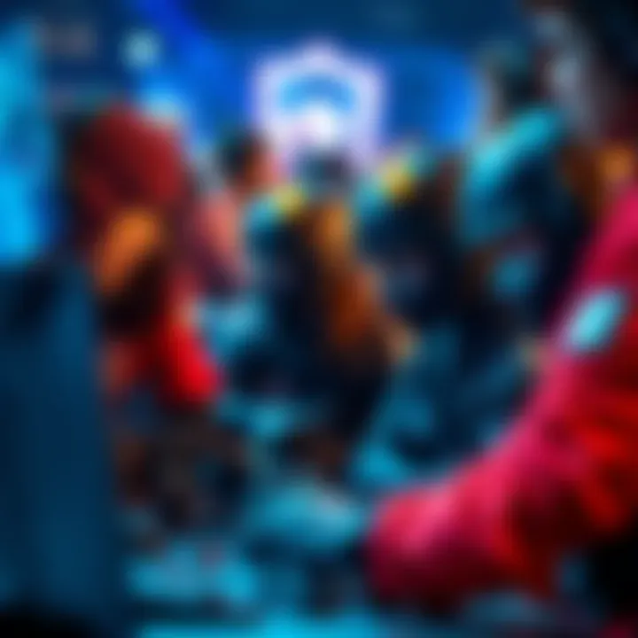 A group of raiders strategizing and focusing during a competitive game, showing teamwork and engagement.