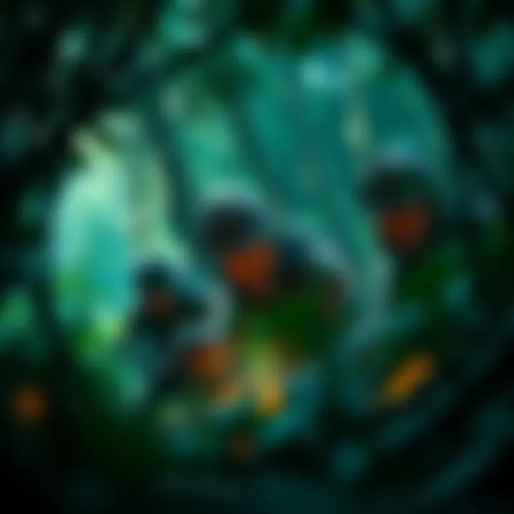 A group of raiders searching through a dense forest, looking for hidden artifacts, with determination on their faces.